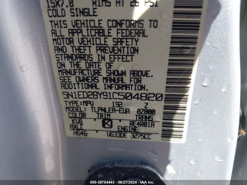 2001 Nissan Xterra Xe VIN: 5N1ED28Y91C504820 Lot: 39754443
