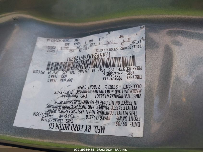 2006 Ford Focus Zx4 VIN: 1FAHP34NX6W128201 Lot: 39754455