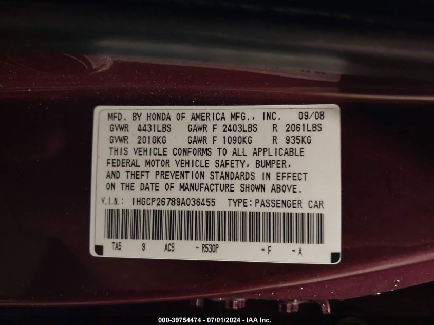 2009 Honda Accord 2.4 Ex VIN: 1HGCP26789A036455 Lot: 39754474