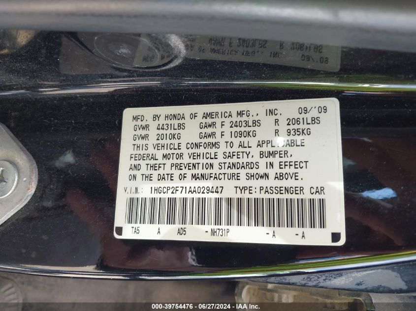 2010 Honda Accord 2.4 Ex VIN: 1HGCP2F71AA029447 Lot: 39754476