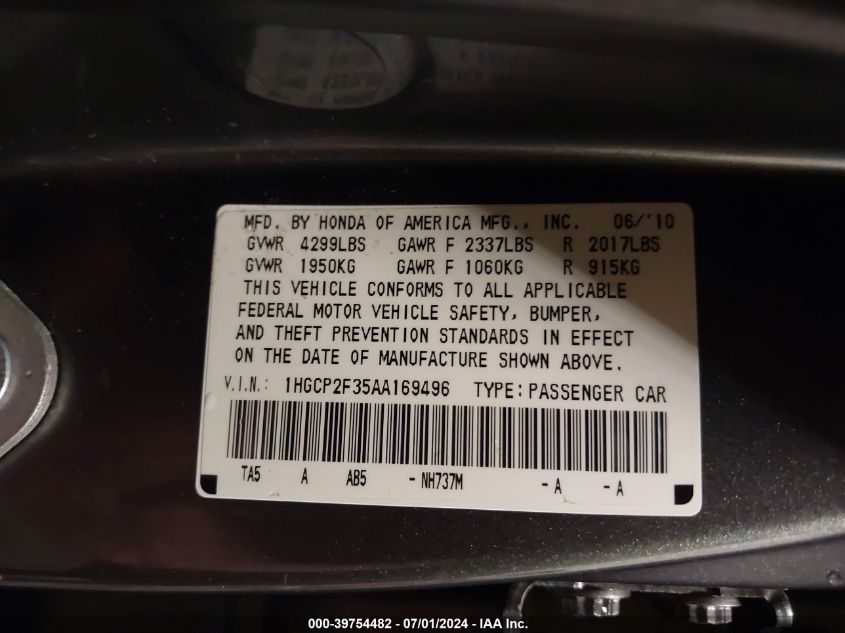 2010 Honda Accord 2.4 Lx VIN: 1HGCP2F35AA169496 Lot: 39754482
