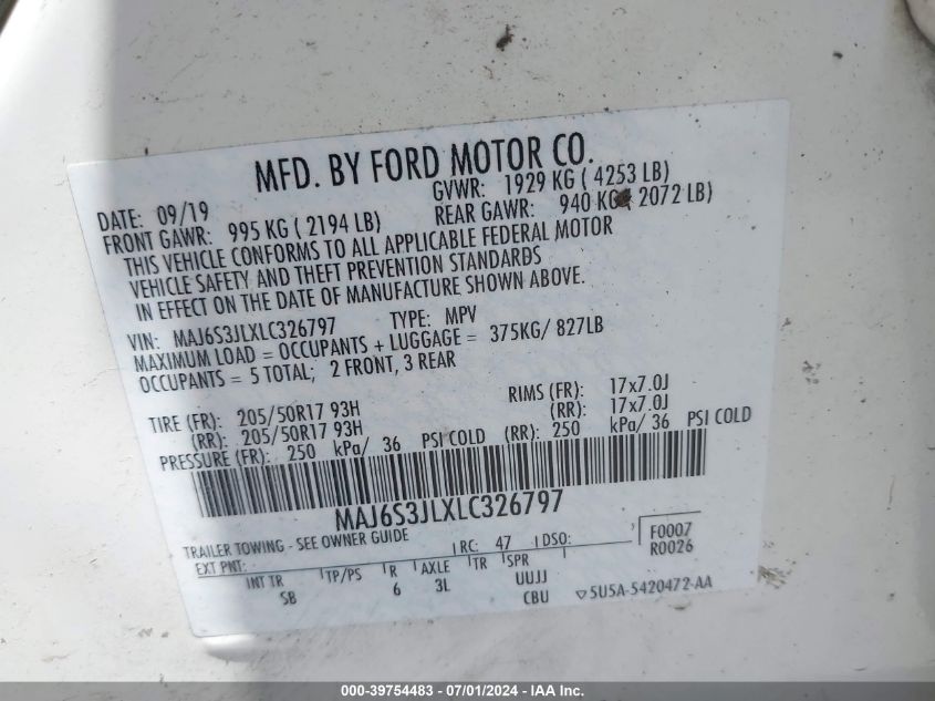 2020 Ford Ecosport Ses VIN: MAJ6S3JLXLC326797 Lot: 39754483