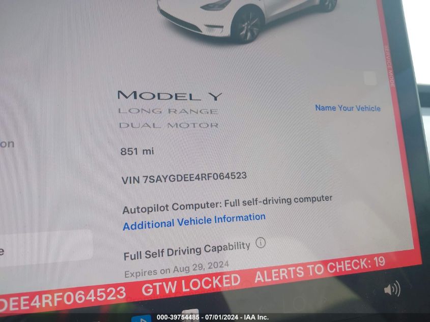 2024 Tesla Model Y Long Range Dual Motor All-Wheel Drive VIN: 7SAYGDEE4RF064523 Lot: 39754485