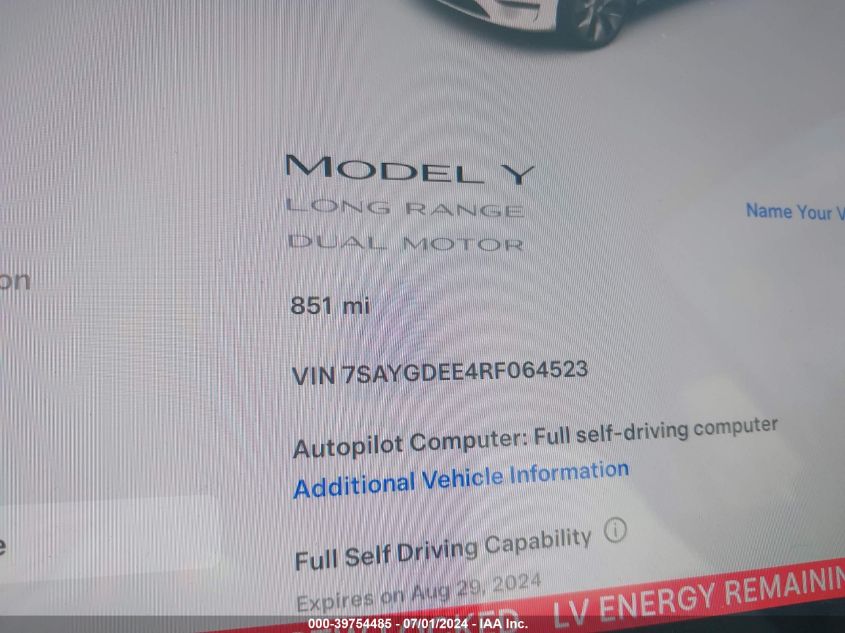 2024 Tesla Model Y Long Range Dual Motor All-Wheel Drive VIN: 7SAYGDEE4RF064523 Lot: 39754485