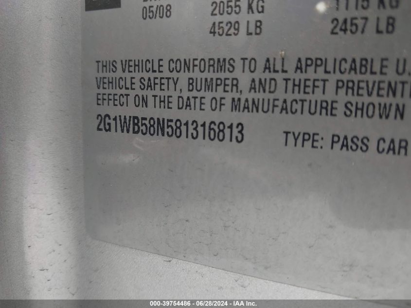 2008 Chevrolet Impala Ls VIN: 2G1WB58N581316813 Lot: 39754486