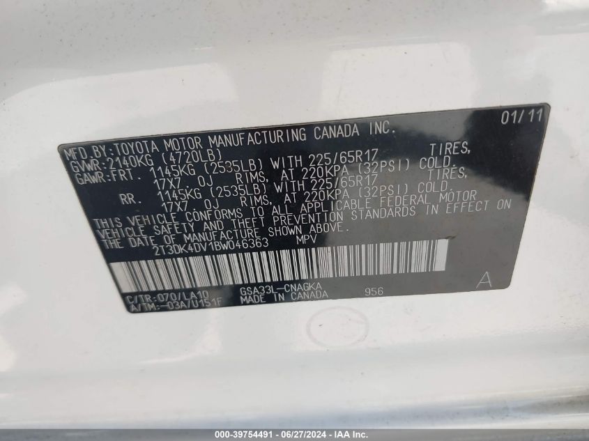 2011 Toyota Rav4 Limited V6 VIN: 2T3DK4DV1BW046363 Lot: 39754491