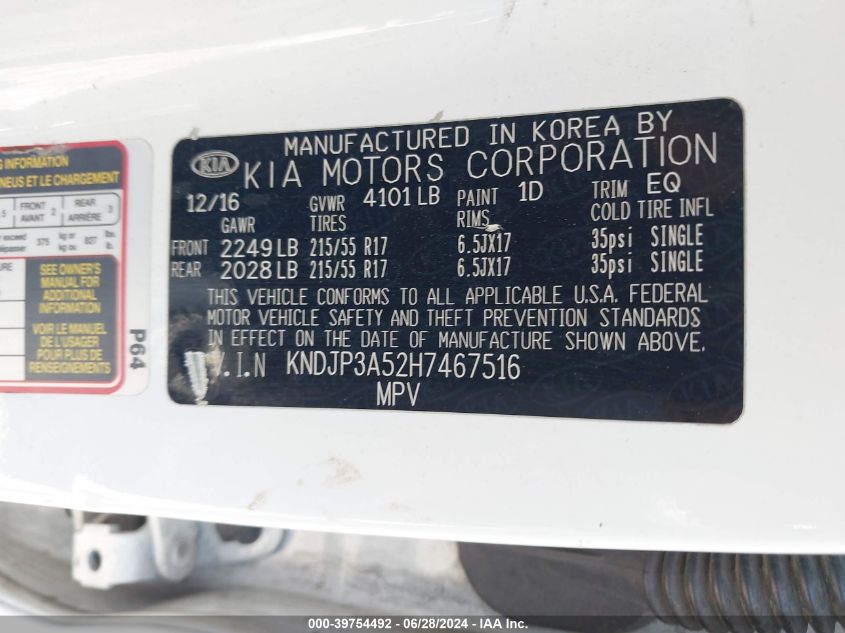 2017 Kia Soul + VIN: KNDJP3A52H7467516 Lot: 39754492