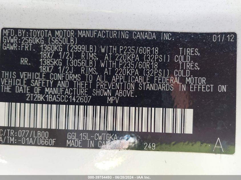 2012 Lexus Rx 350 350 VIN: 2T2BK1BA5CC142607 Lot: 39754493