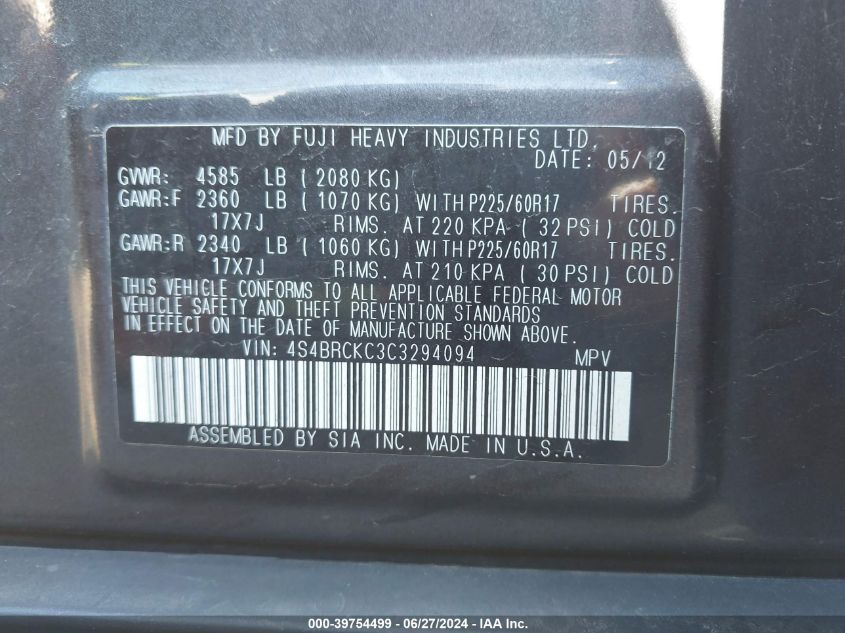 2012 Subaru Outback 2.5I Limited VIN: 4S4BRCKC3C3294094 Lot: 39754499