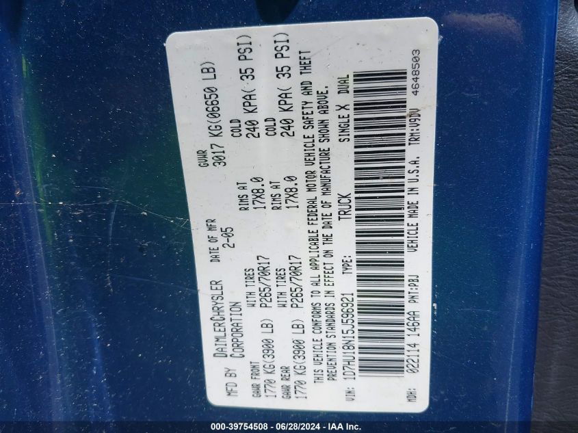 2005 Dodge Ram 1500 Slt/Laramie VIN: 1D7HU18N15J596921 Lot: 39754508