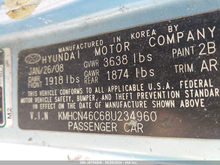 2008 Hyundai Accent Gls VIN: KMHCN46C68U234960 Lot: 39754509