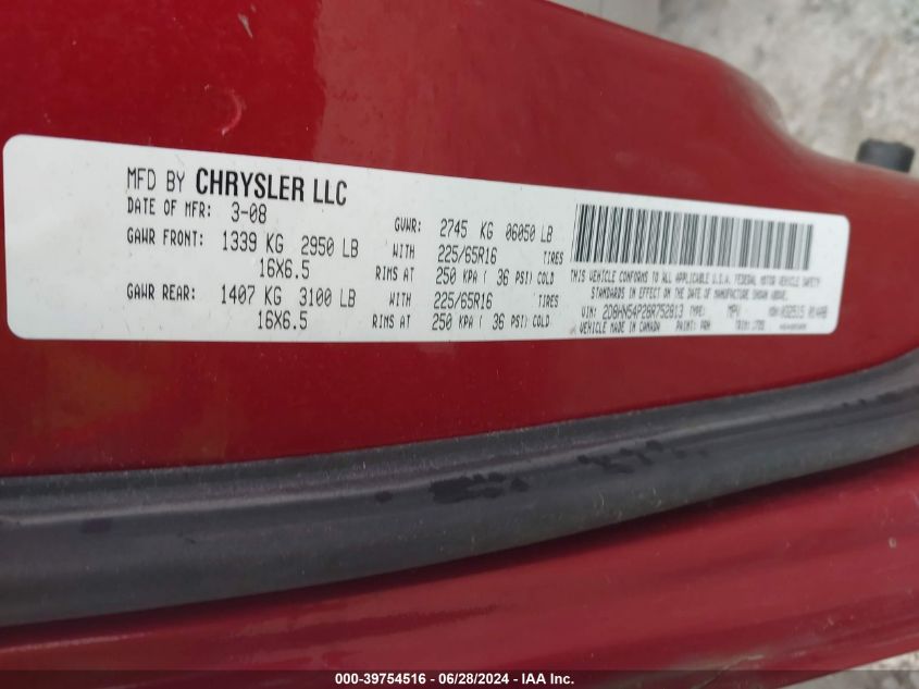 2008 Dodge Grand Caravan Sxt VIN: 2D8HN54P28R752813 Lot: 39754516