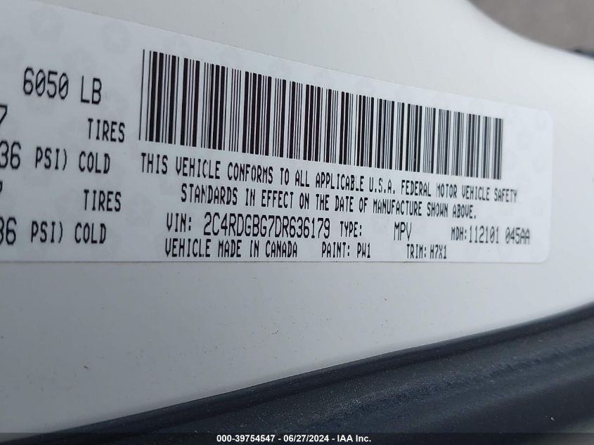 2013 Dodge Grand Caravan Se VIN: 2C4RDGBG7DR636179 Lot: 39754547