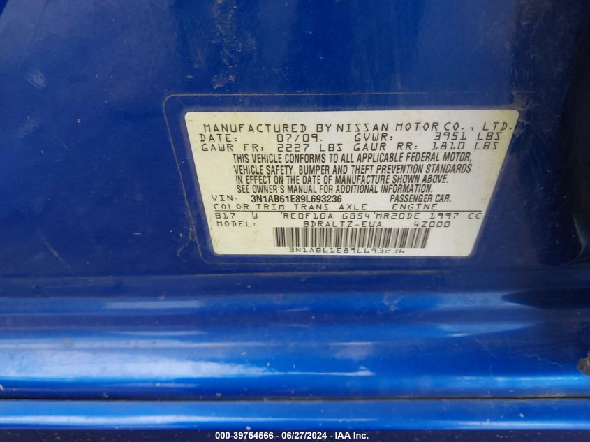 2009 Nissan Sentra 2.0Sr VIN: 3N1AB61E89L693236 Lot: 39754566