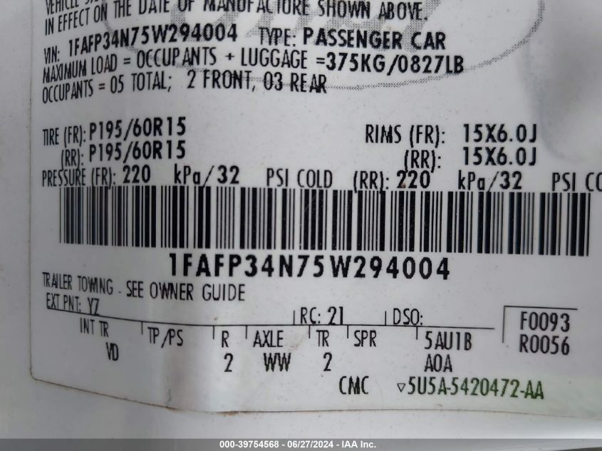 2005 Ford Focus Zx4 VIN: 1FAFP34N75W294004 Lot: 39754568