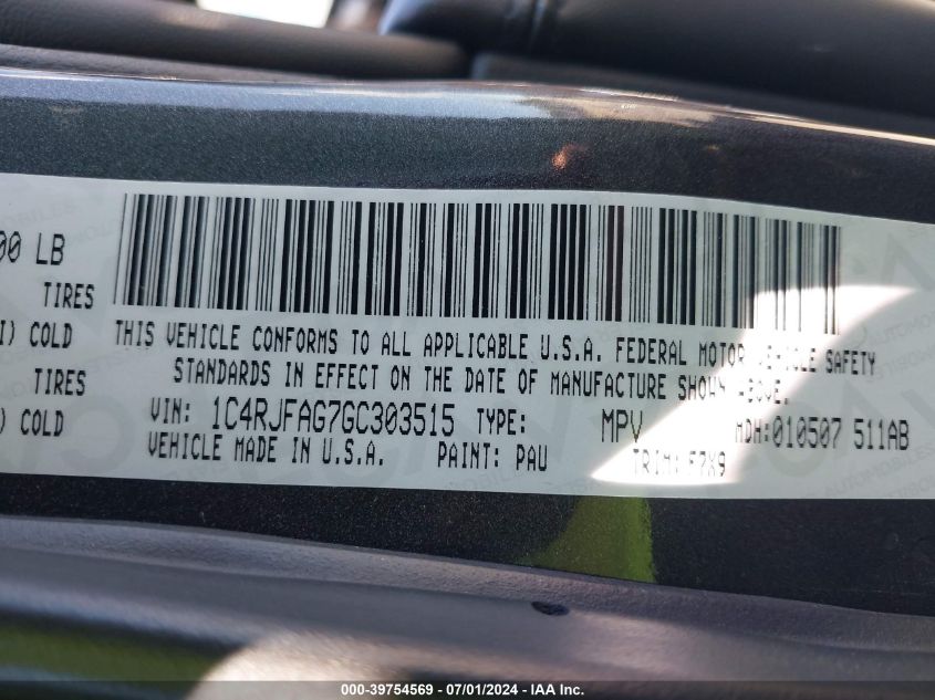 2016 Jeep Grand Cherokee Laredo VIN: 1C4RJFAG7GC303515 Lot: 39754569