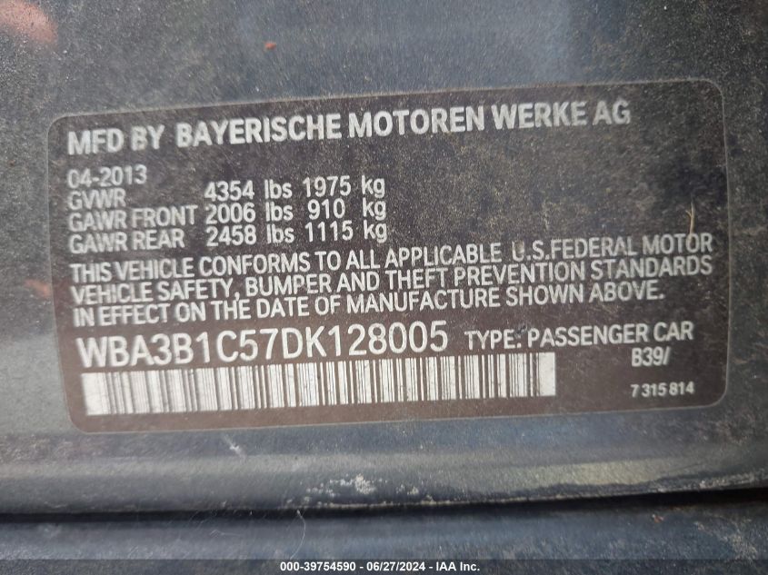 2013 BMW 320I VIN: WBA3B1C57DK128005 Lot: 39754590
