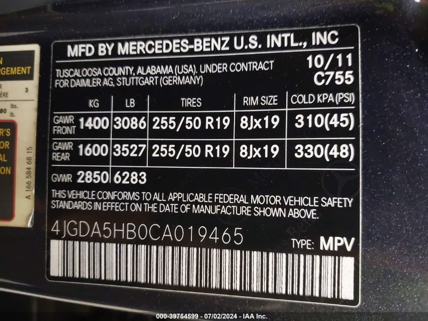 2012 Mercedes-Benz Ml 350 4Matic VIN: 4JGDA5HB0CA019465 Lot: 39754599