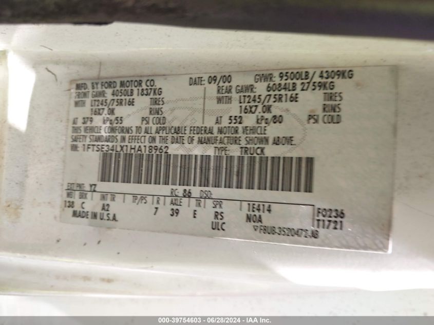 2001 Ford E-350 Super Duty Commercial/Recreational VIN: 1FTSE34LX1HA18962 Lot: 39754603