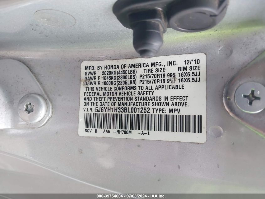 2011 Honda Element Lx VIN: 5J6YH1H33BL001252 Lot: 39754604