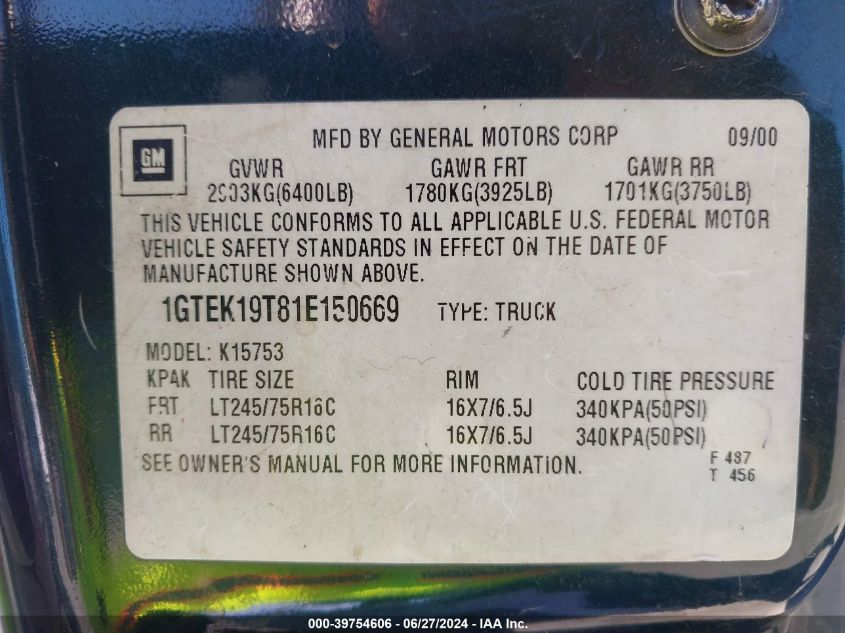 2001 GMC New Sierra K1500 VIN: 1GTEK19T81E150669 Lot: 39754606