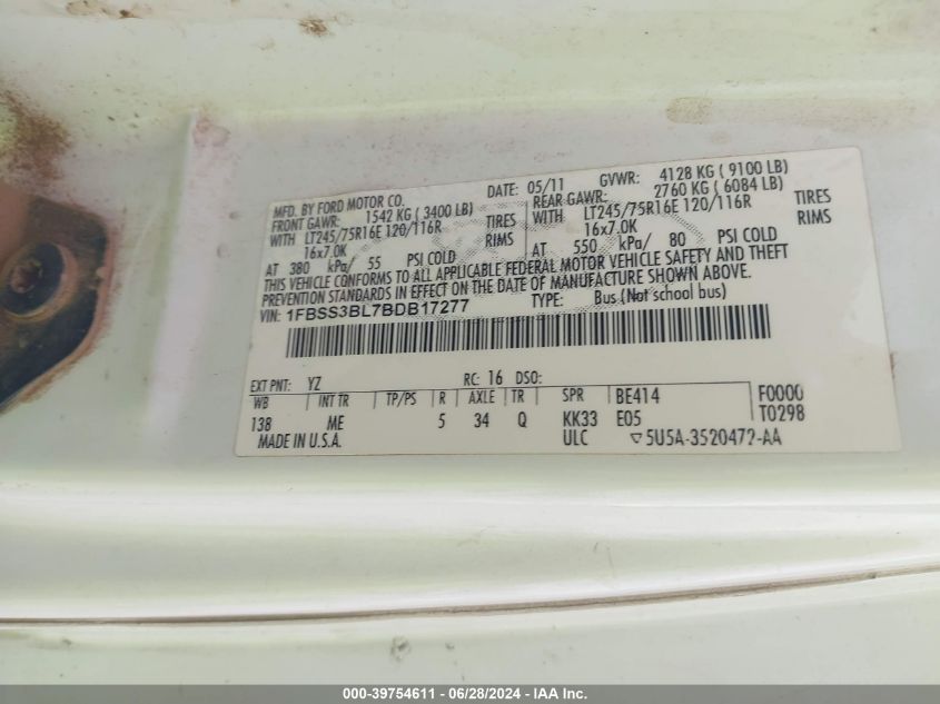 2011 Ford E-350 Super Duty Xlt VIN: 1FBSS3BL7BDB17277 Lot: 39754611