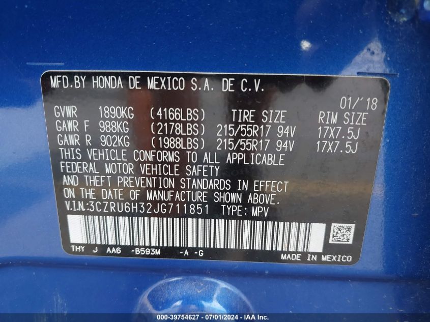 2018 Honda Hr-V Lx VIN: 3CZRU6H32JG711851 Lot: 39754627