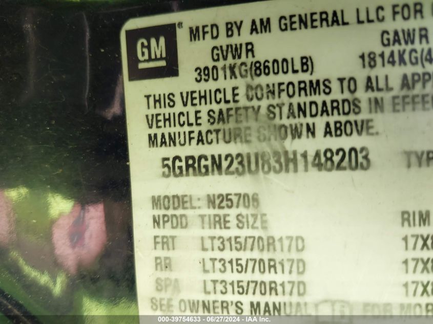 2003 Hummer H2 VIN: 5GRGN23U83H148203 Lot: 39754633