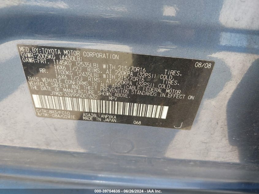 2009 Toyota Rav4 VIN: JTMZF33V995001632 Lot: 39754635