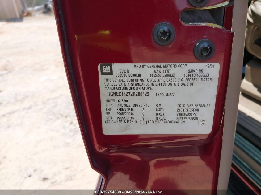 2002 Chevrolet Tahoe Lt VIN: 1GNEC13Z72R200425 Lot: 39754639