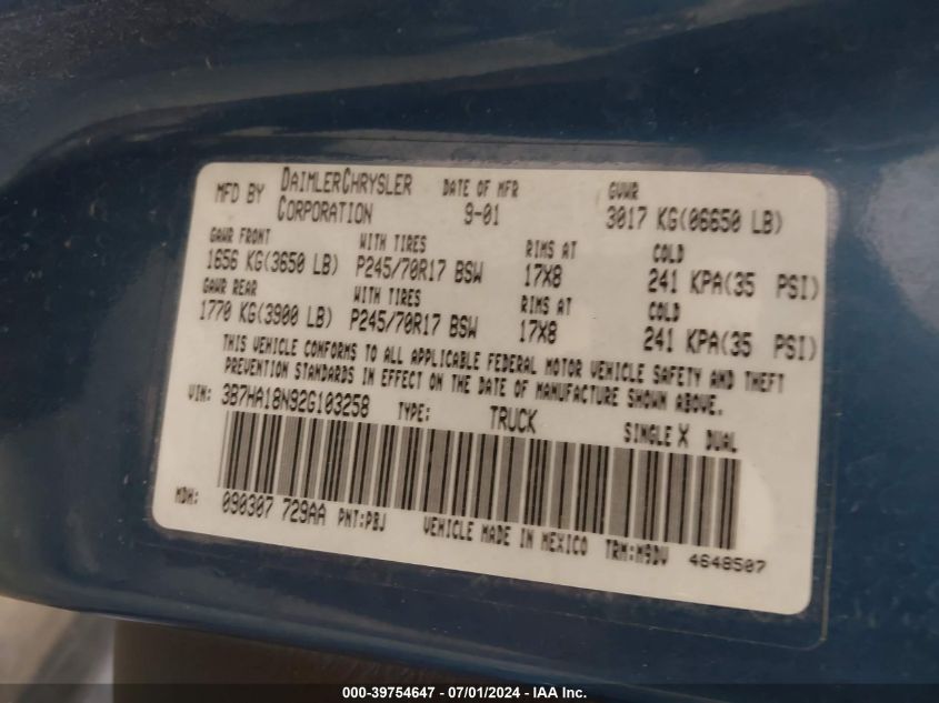 2002 Dodge Ram 1500 St VIN: 3B7HA18N92G103258 Lot: 39754647