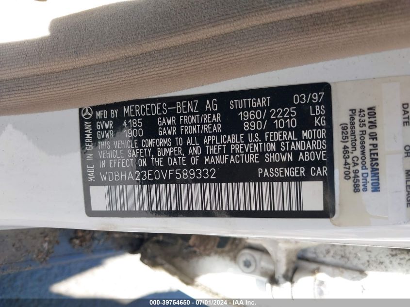 1997 Mercedes-Benz C 230 VIN: WDBHA23E0VF589332 Lot: 39754650