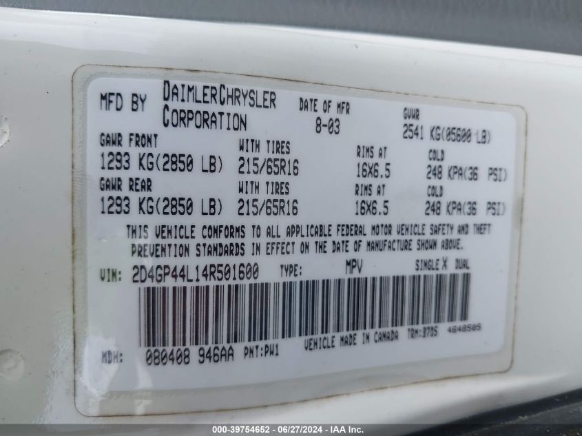 2004 Dodge Grand Caravan Sxt VIN: 2D4GP44L14R501600 Lot: 39754652