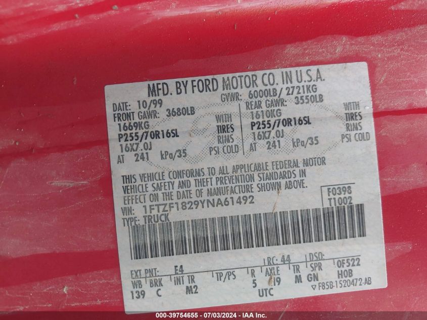 2000 Ford F-150 Work Series/Xl/Xlt VIN: 1FTZF1829YNA61492 Lot: 39754655