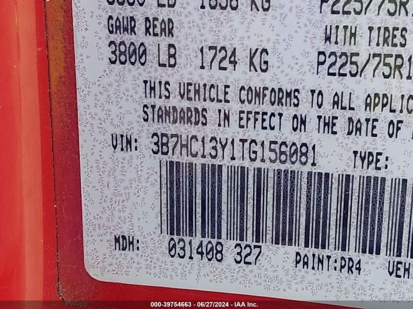 1996 Dodge Ram 1500 VIN: 3B7HC13Y1TG156081 Lot: 39754663