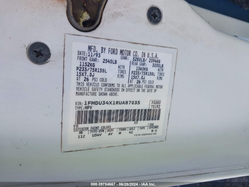 1994 Ford Explorer VIN: 1FMDU34X1RUA87035 Lot: 39754667