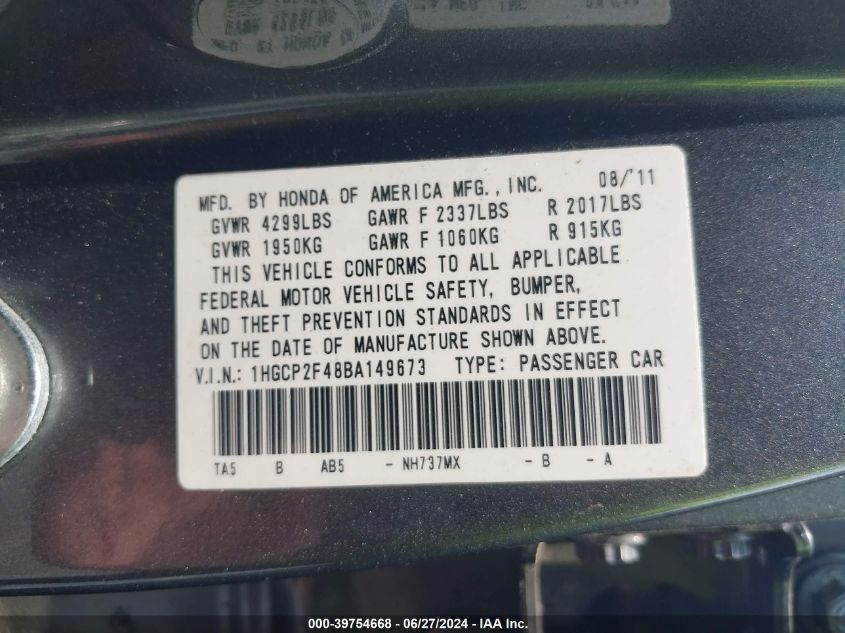 2011 Honda Accord 2.4 Lx-P VIN: 1HGCP2F48BA149673 Lot: 39754668