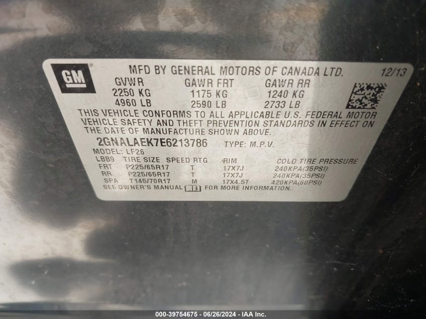 2014 Chevrolet Equinox Ls VIN: 2GNALAEK7E6213786 Lot: 39754675