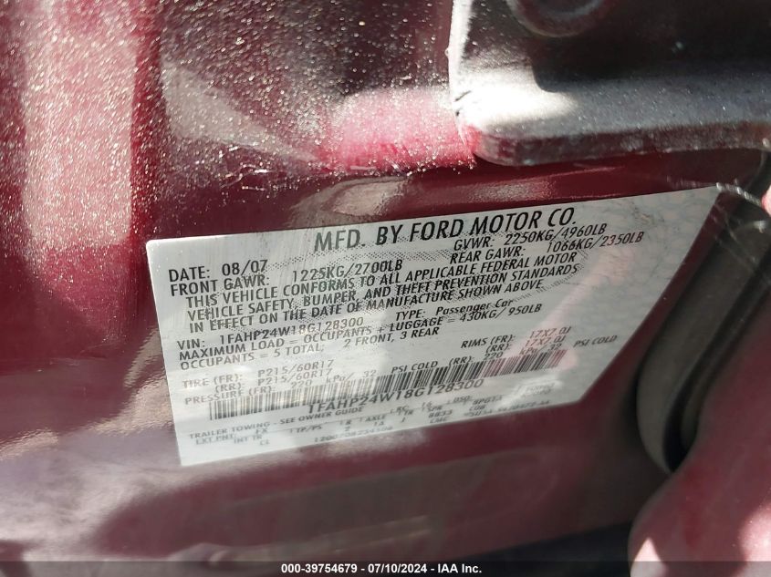 2008 Ford Taurus Sel VIN: 1FAHP24W18G128300 Lot: 39754679