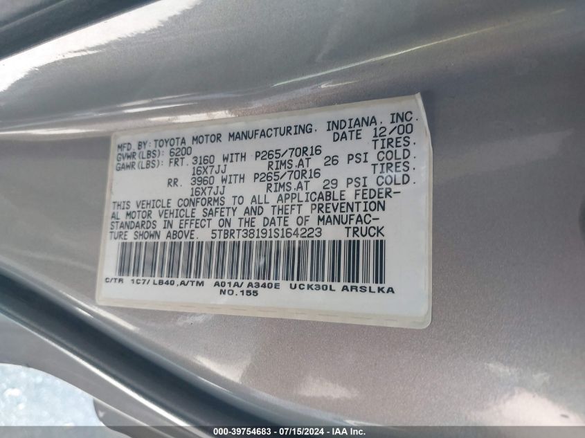 2001 Toyota Tundra Ltd V8 VIN: 5TBRT38191S164223 Lot: 39754683
