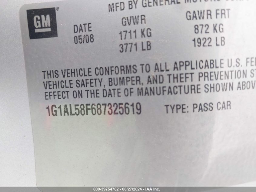 2008 Chevrolet Cobalt Lt VIN: 1G1AL58F687325619 Lot: 39754702