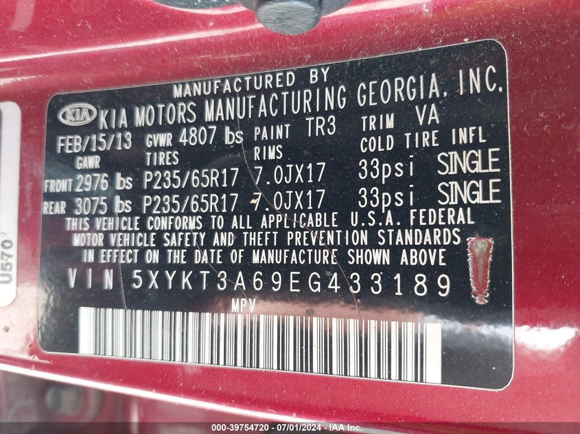 2014 Kia Sorento Lx VIN: 5XYKT3A69EG433189 Lot: 39754720