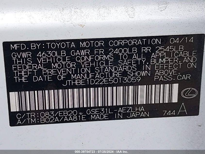 2014 Lexus Is 350 VIN: JTHBE1D22E5013059 Lot: 39754723