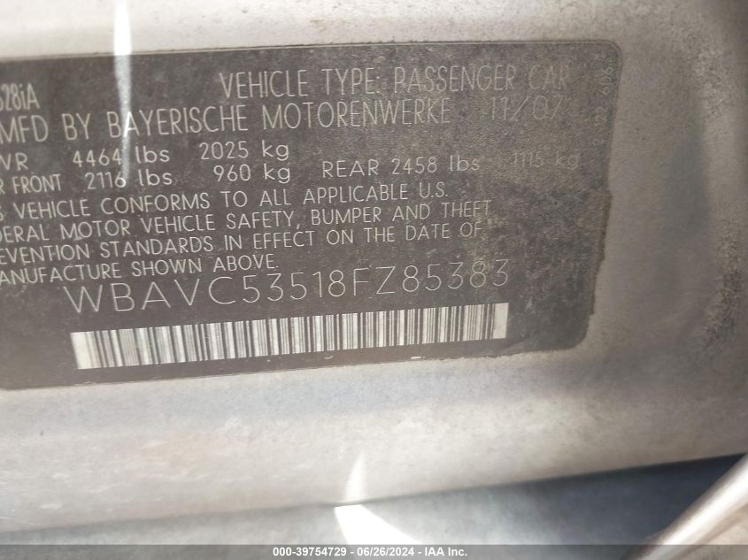 2008 BMW 328I VIN: WBAVC53518FZ85383 Lot: 39754729
