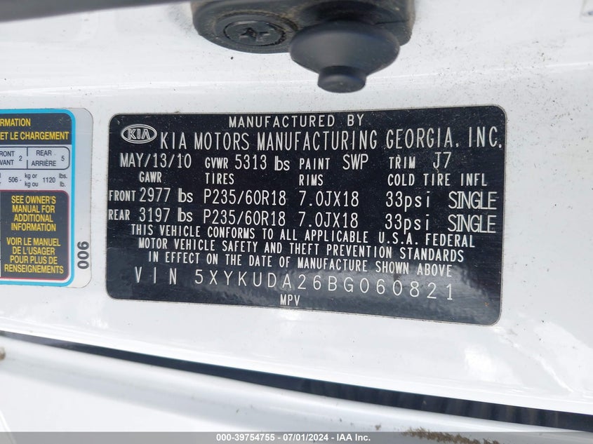 2011 Kia Sorento Ex V6 VIN: 5XYKUDA26BG060821 Lot: 39754755