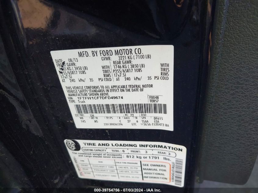 2013 Ford F-150 Xlt VIN: 1FTFW1CF7DFD49674 Lot: 39754756