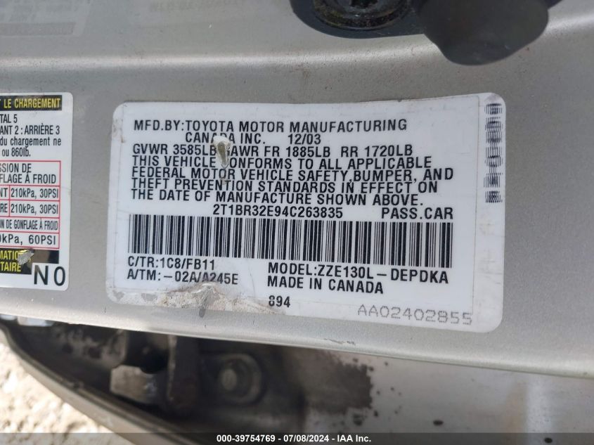 2004 Toyota Corolla Ce VIN: 2T1BR32E94C263835 Lot: 39754769