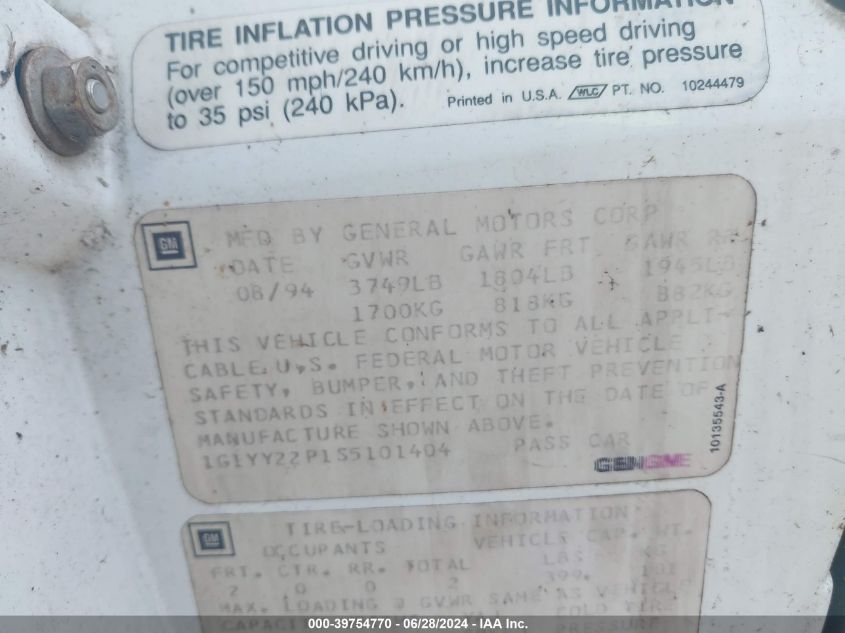 1995 Chevrolet Corvette VIN: 1G1YY22P1S5101404 Lot: 39754770