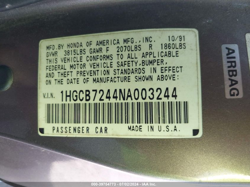 1992 Honda Accord Dx VIN: 1HGCB7244NA003244 Lot: 39754773