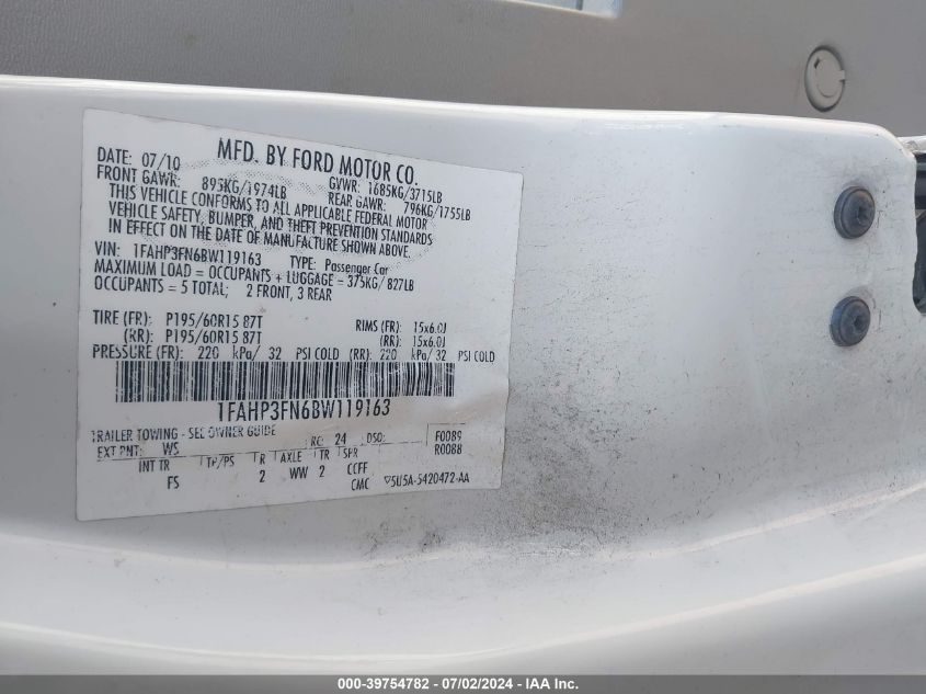 2011 Ford Focus Se VIN: 1FAHP3FN6BW119163 Lot: 39754782